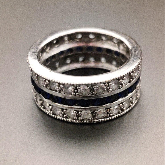 Dazzling Three Row Sterling Silver Band Ring 💍with CZ and Sapphires - Picture 5 of 15